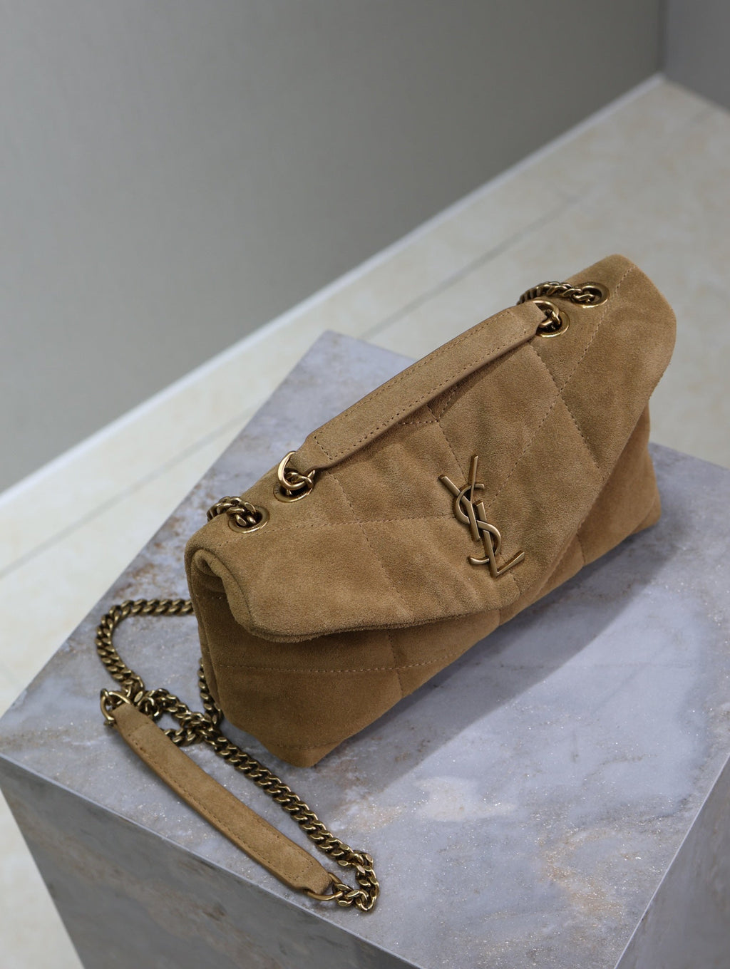 SAINT LAURENT YSL 25S LOULOU PUFFER MINI 23 IN TAN BROWN SUEDE GOLD HARDWRE