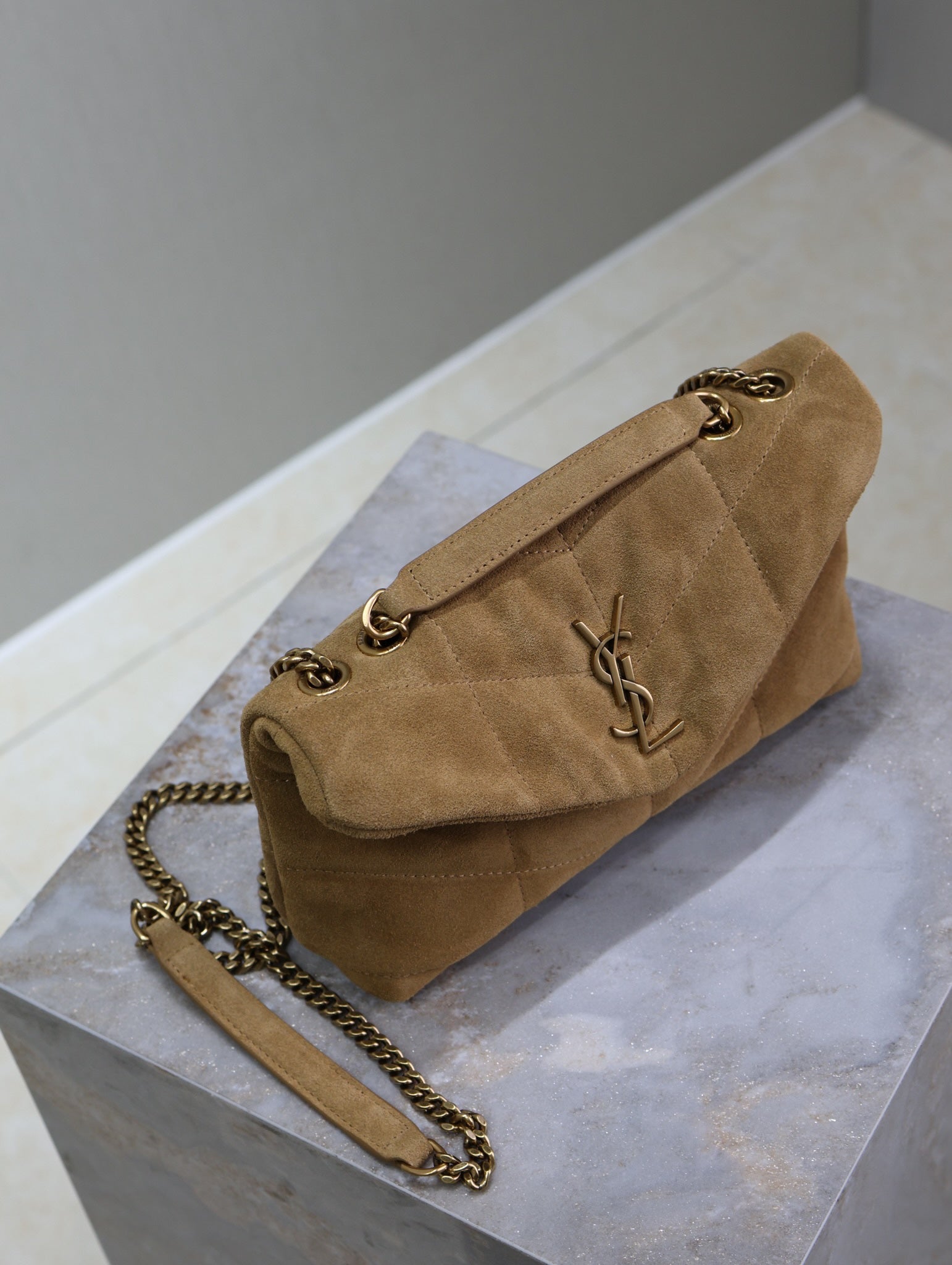 SAINT LAURENT YSL 25S LOULOU PUFFER MINI 23 IN TAN BROWN SUEDE GOLD HARDWRE
