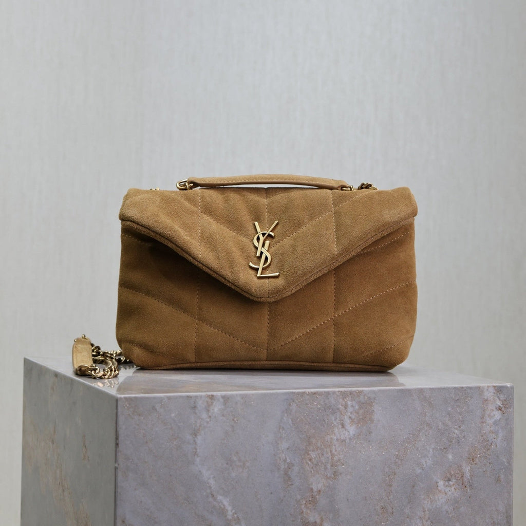 SAINT LAURENT YSL 25S LOULOU PUFFER MINI 23 IN TAN BROWN SUEDE GOLD HARDWRE
