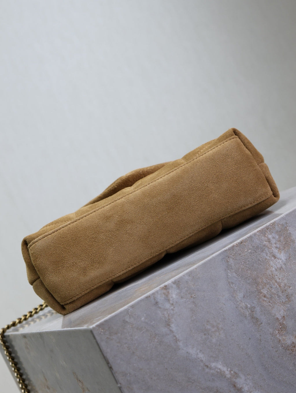 SAINT LAURENT YSL 25S LOULOU PUFFER MINI 23 IN TAN BROWN SUEDE GOLD HARDWRE