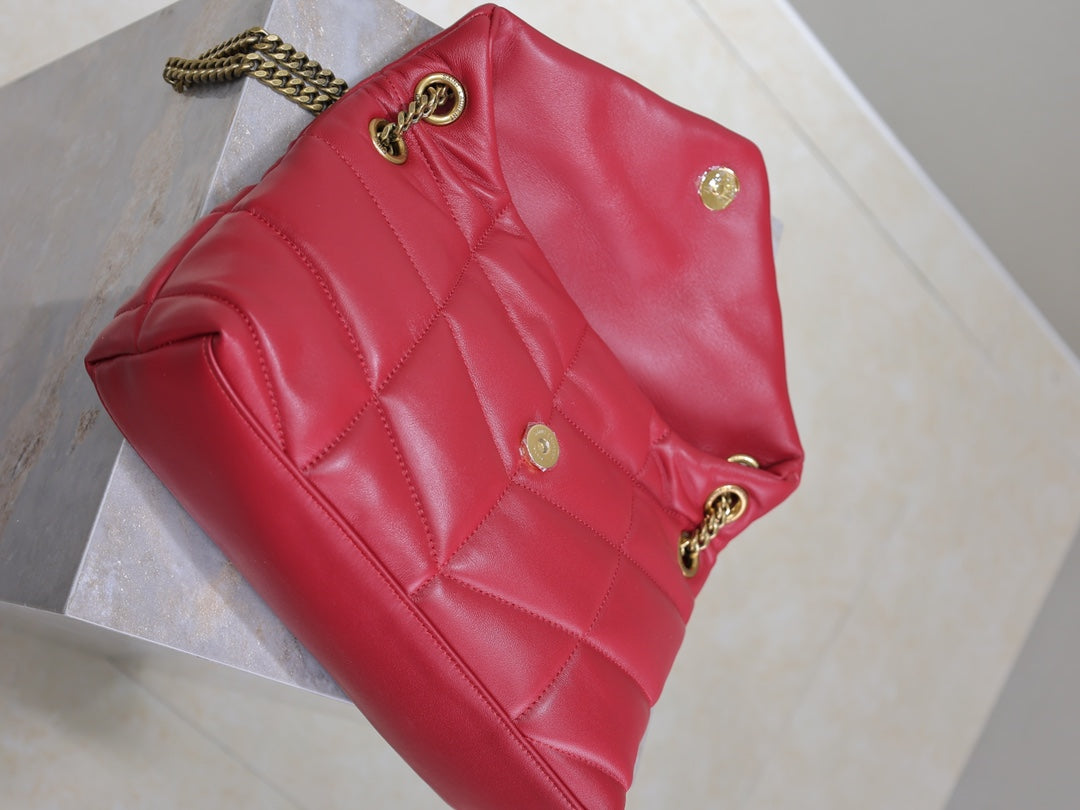 SAINT LAURENT PUFFER SMALL 29 IN RED LAMBSKIN GOLD HARDWARE