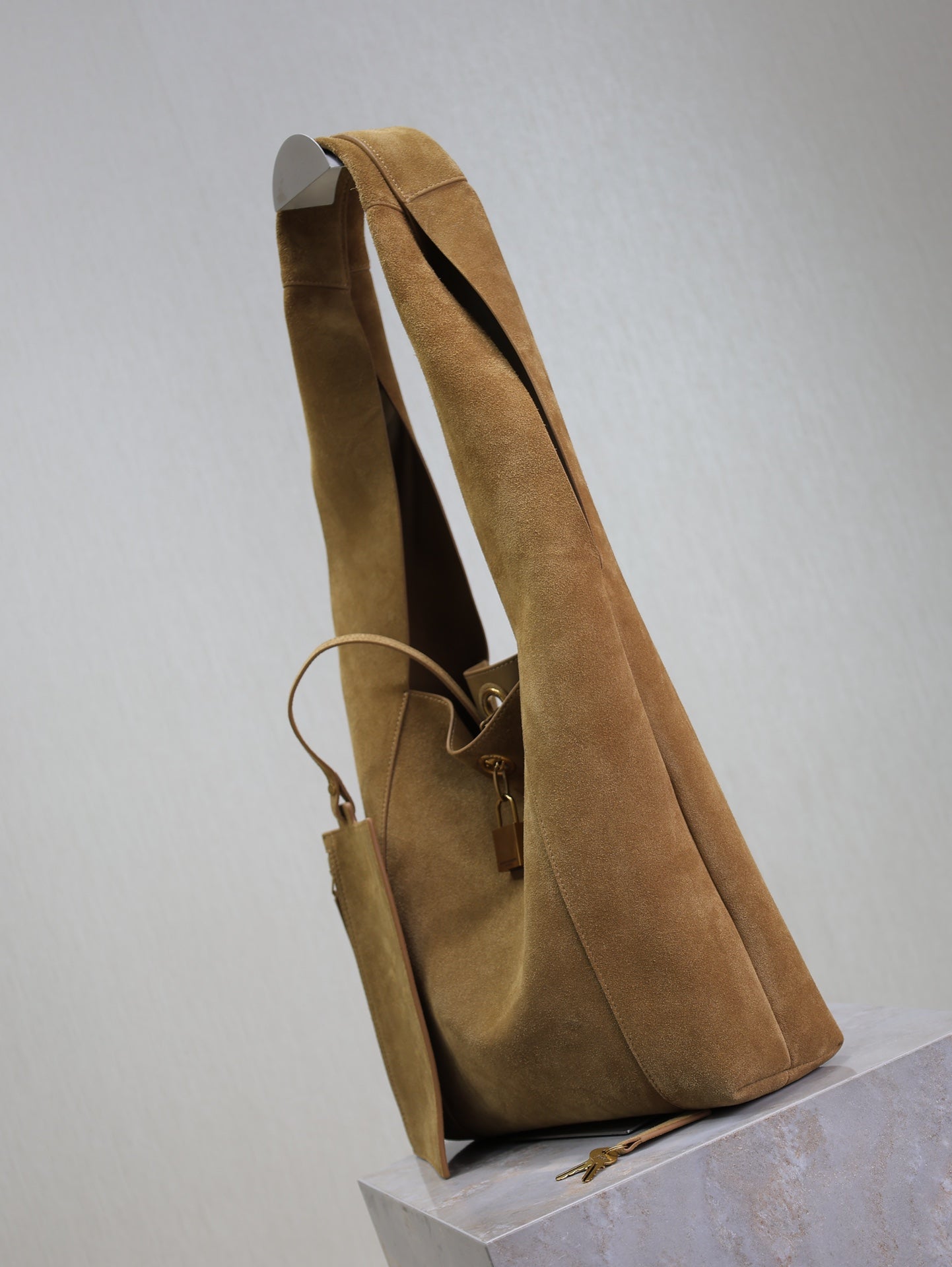 SAINT LAURENT TANGER HOBO BAG 27 IN PEANUT BROWN SUEDE