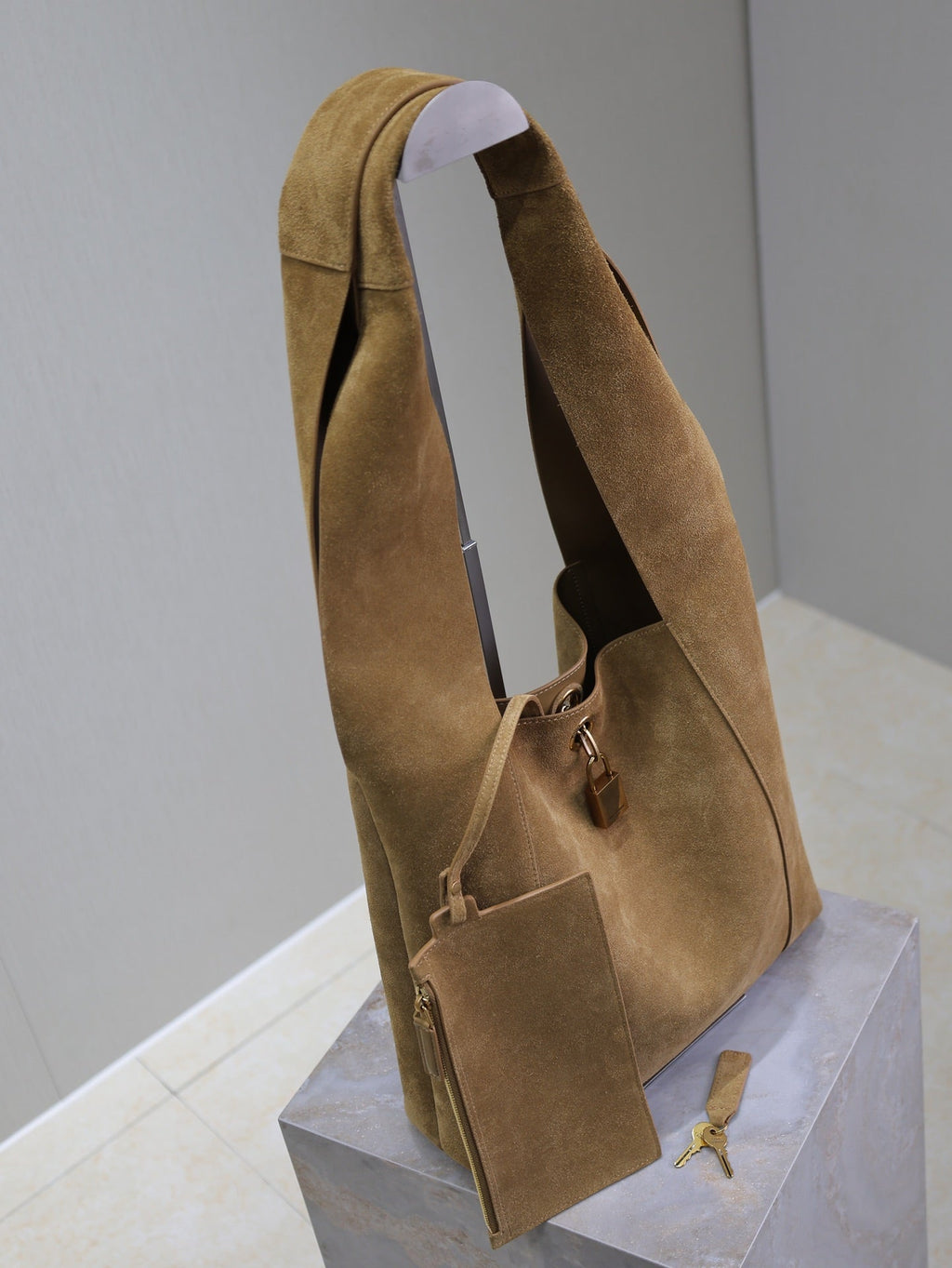 SAINT LAURENT TANGER HOBO BAG 27 IN PEANUT BROWN SUEDE