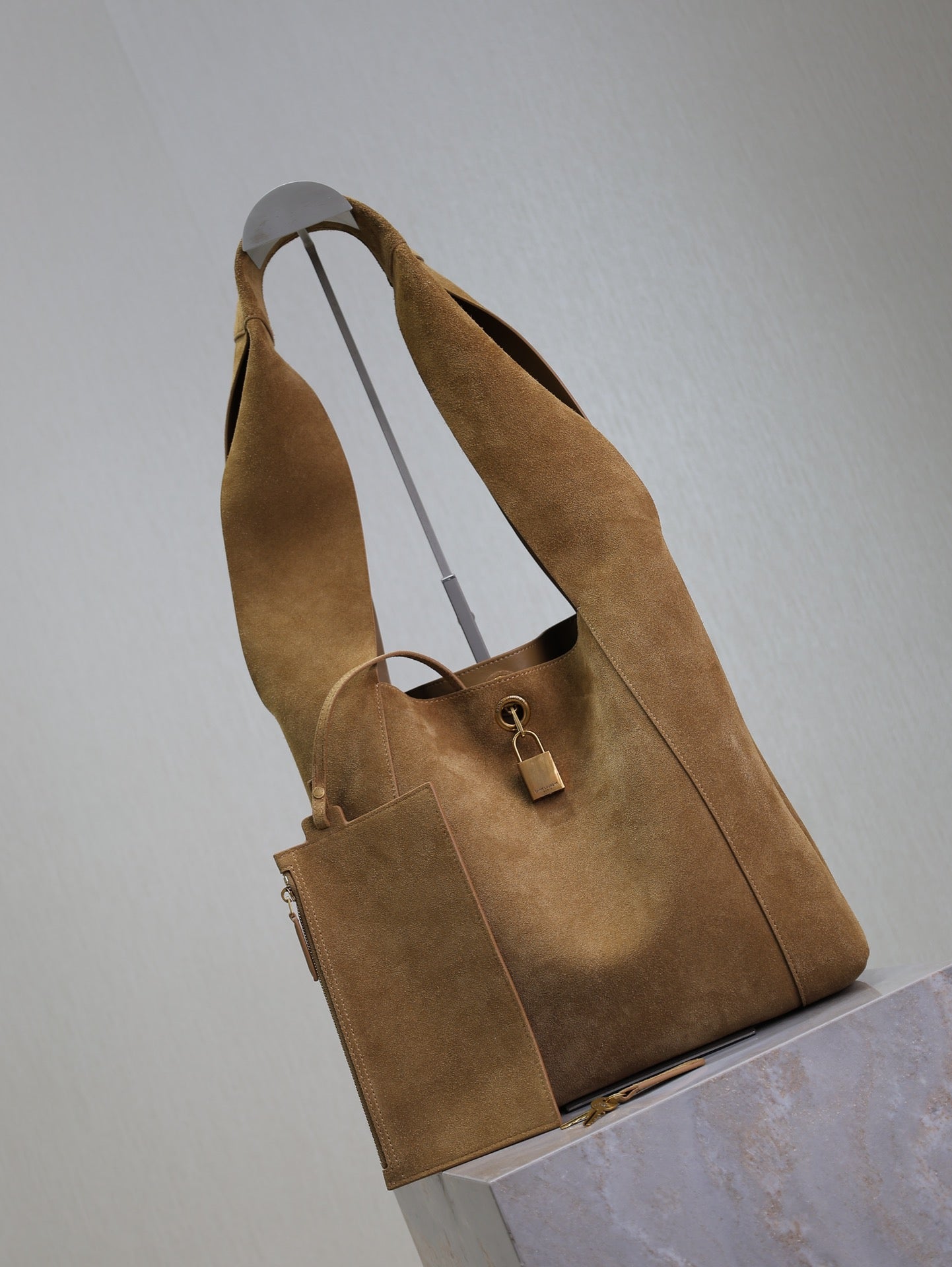 SAINT LAURENT TANGER HOBO BAG 27 IN PEANUT BROWN SUEDE