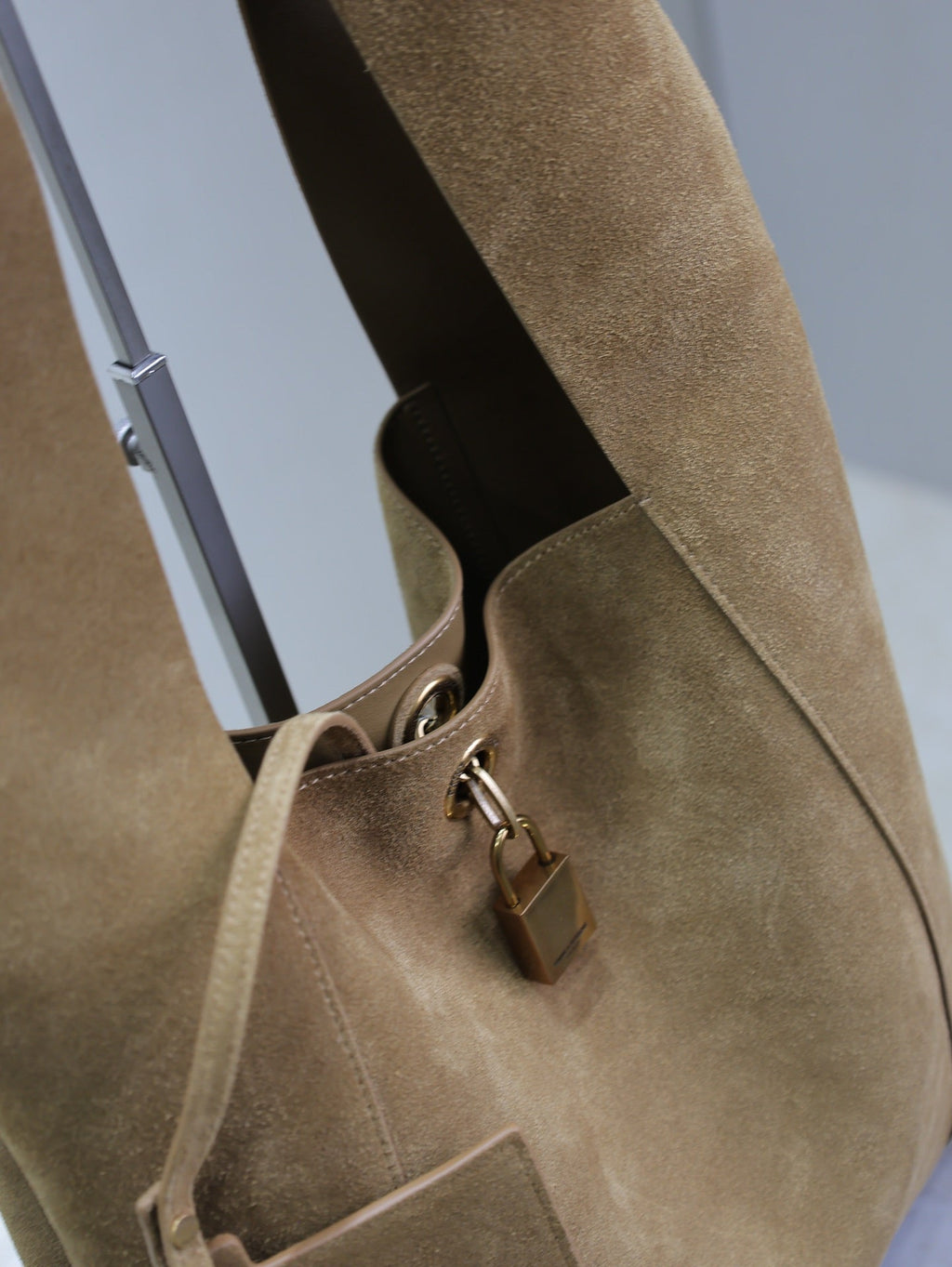 SAINT LAURENT TANGER HOBO BAG 27 IN PEANUT BROWN SUEDE