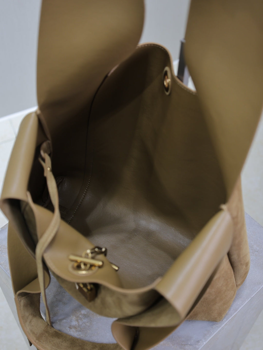 SAINT LAURENT TANGER HOBO BAG 27 IN PEANUT BROWN SUEDE