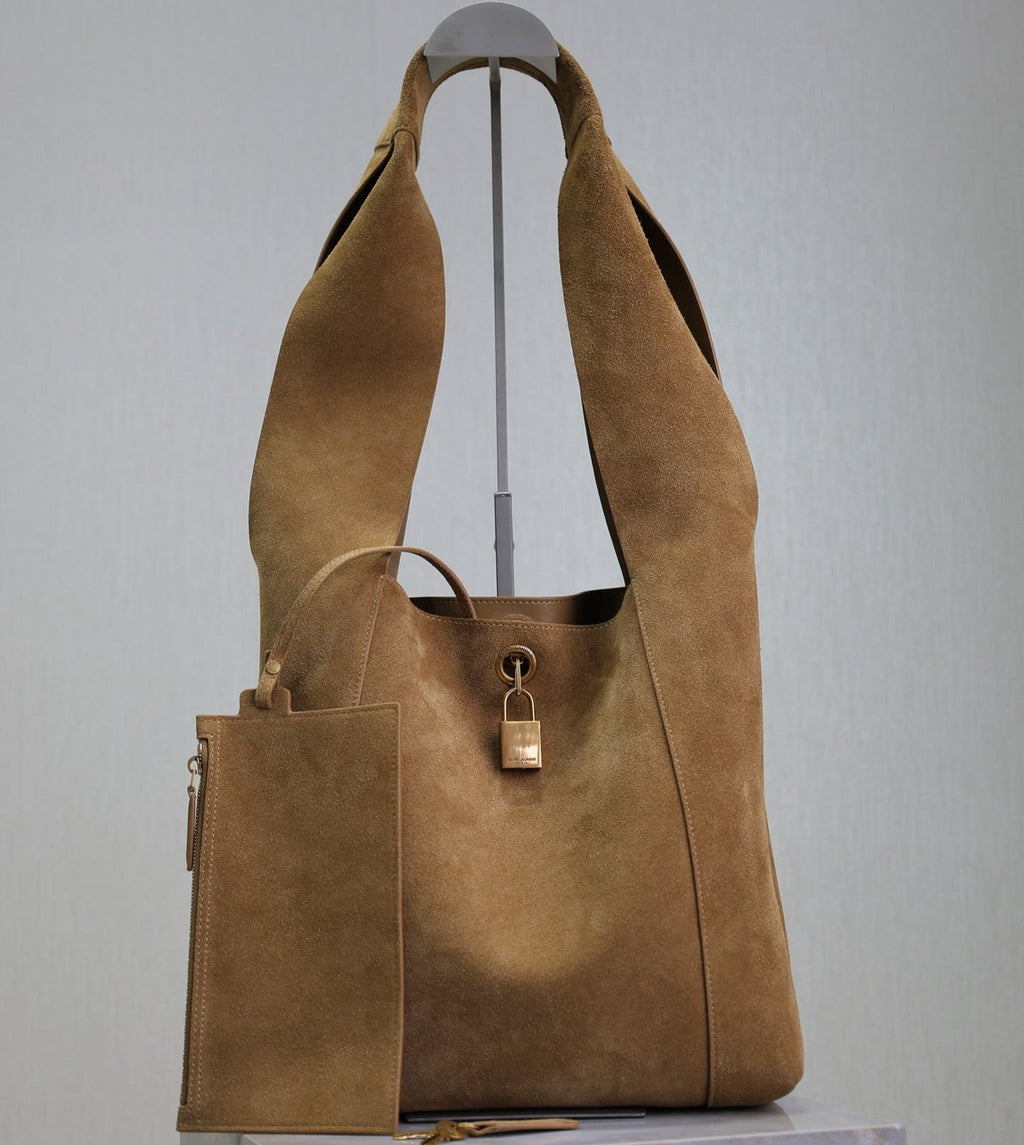 SAINT LAURENT TANGER HOBO BAG 27 IN PEANUT BROWN SUEDE