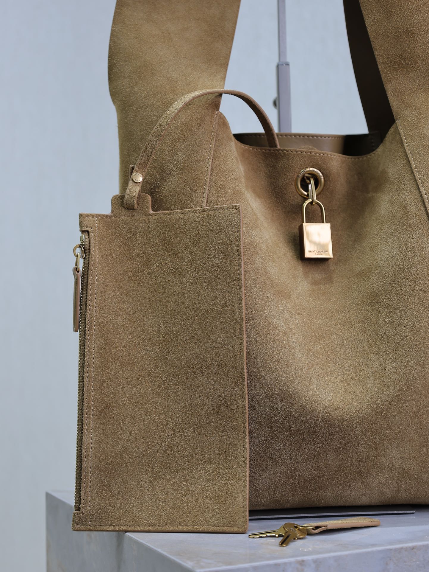 SAINT LAURENT TANGER HOBO BAG 27 IN PEANUT BROWN SUEDE