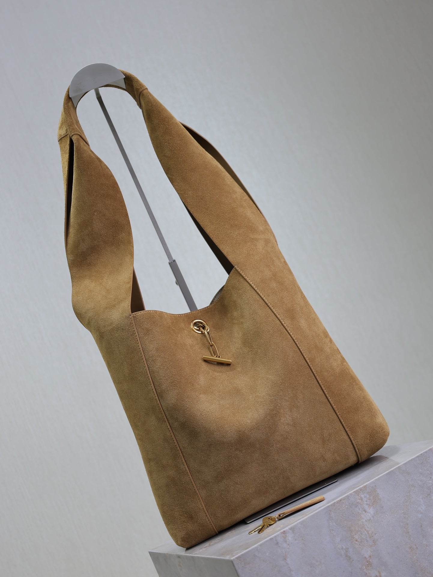 SAINT LAURENT TANGER HOBO BAG 27 IN PEANUT BROWN SUEDE
