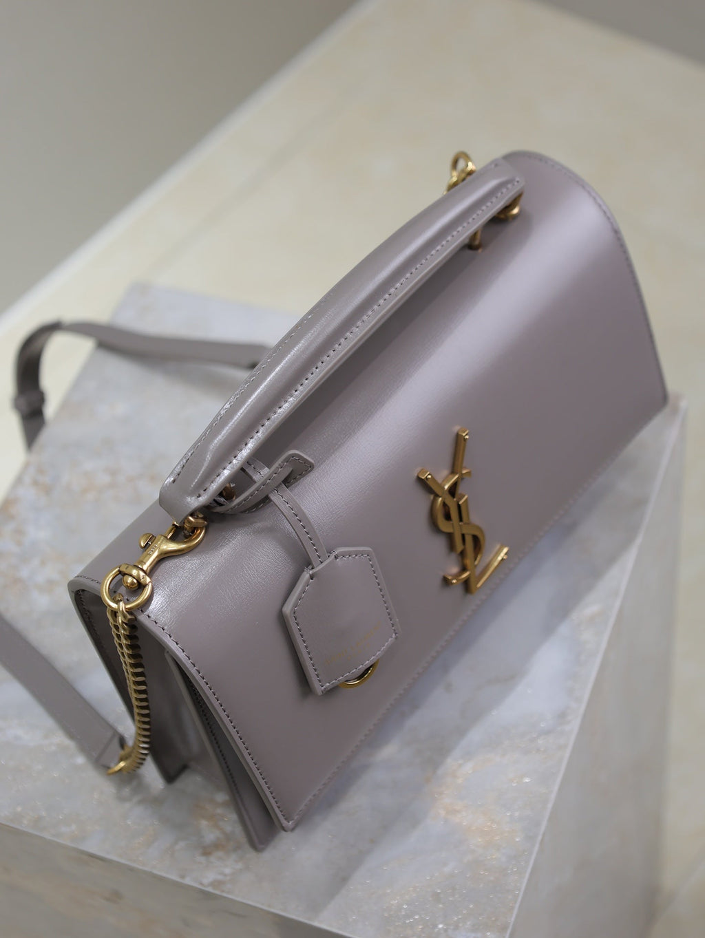 SAINT LAURENT YSL 25S SUNSET MM 25 IN GRAYISH PURPLE CALFSKIN GOLD HARDWRE