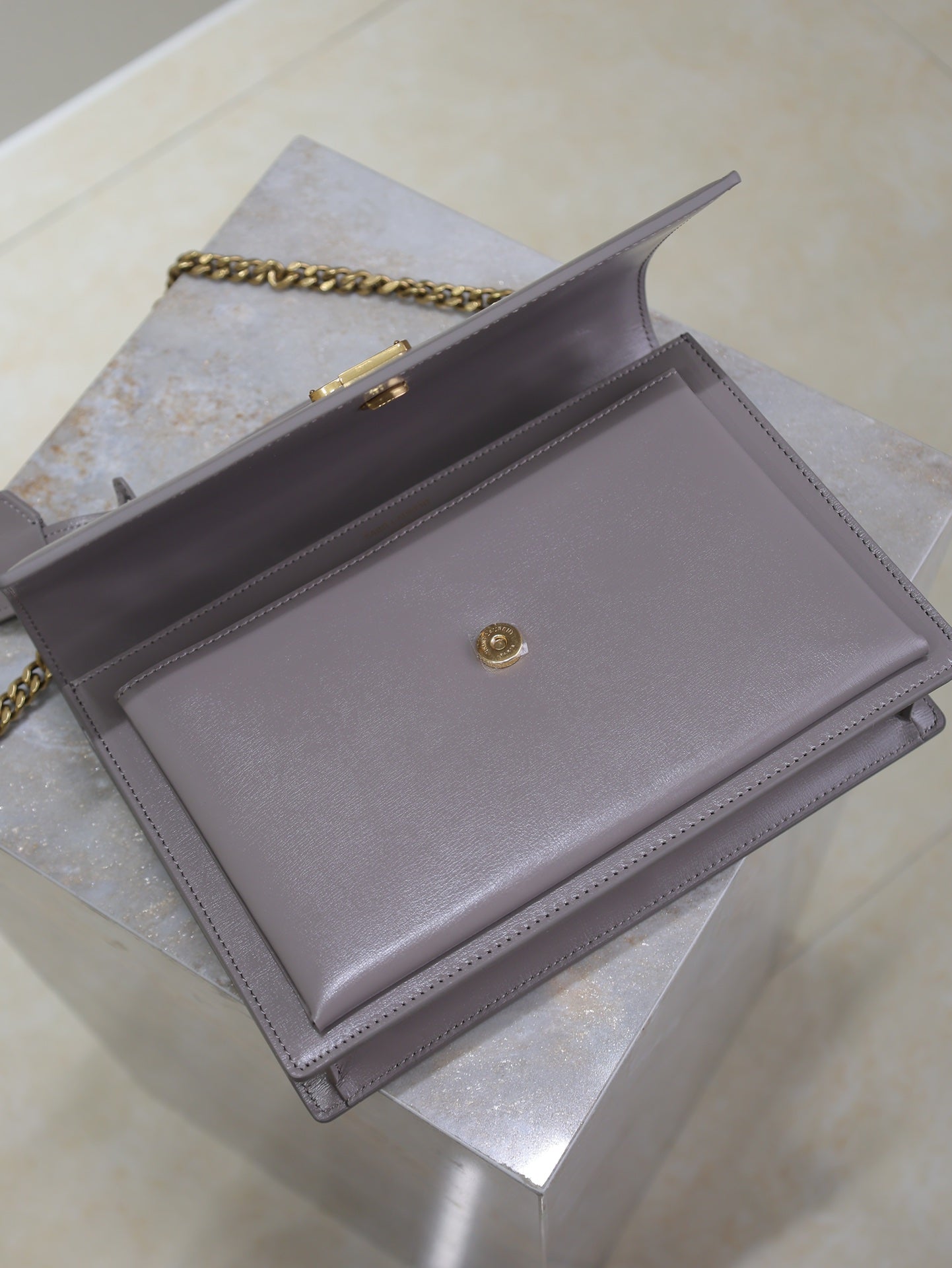 SAINT LAURENT YSL 25S SUNSET MM 25 IN GRAYISH PURPLE CALFSKIN GOLD HARDWRE