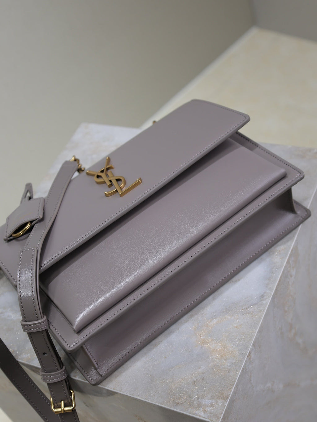 SAINT LAURENT YSL 25S SUNSET MM 25 IN GRAYISH PURPLE CALFSKIN GOLD HARDWARE