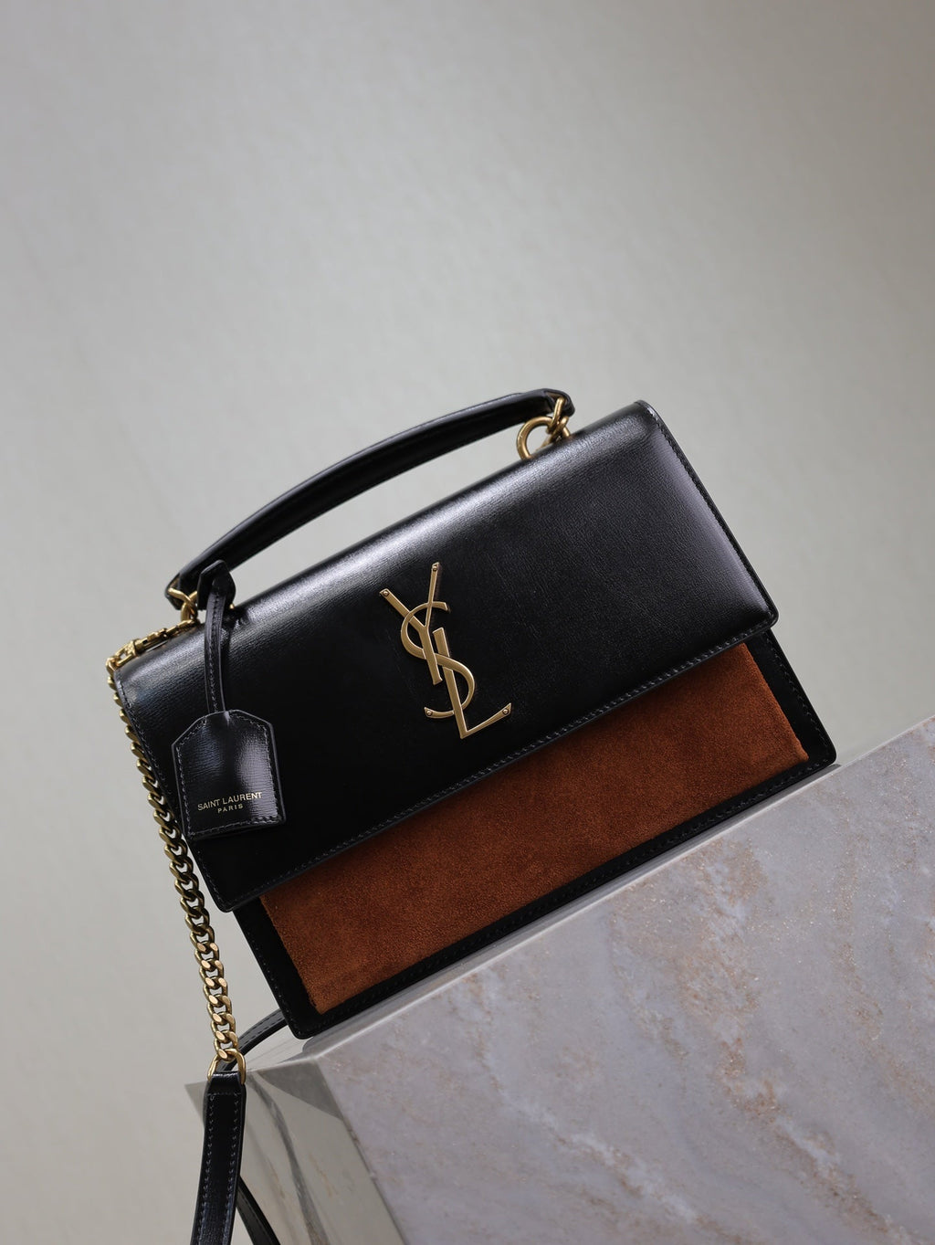 SAINT LAURENT YSL 25S SUNSET MM 25 IN BLACK CALFSKIN AND CARAMEL SUEDE GOLD HARDWARE