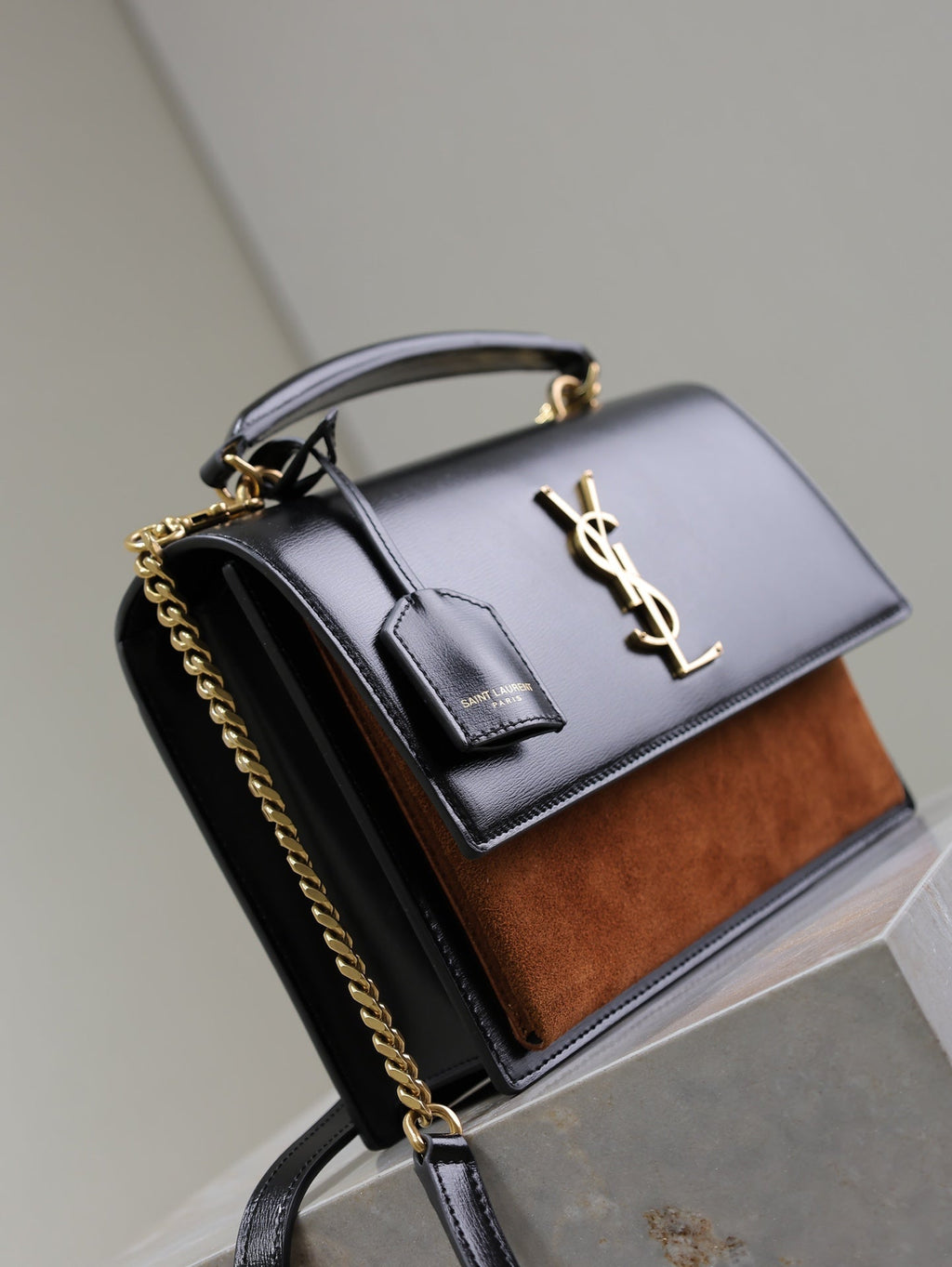 SAINT LAURENT YSL 25S SUNSET MM 25 IN BLACK CALFSKIN AND CARAMEL SUEDE GOLD HARDWRE