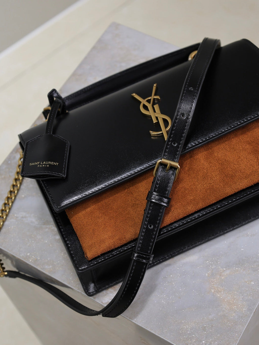 SAINT LAURENT YSL 25S SUNSET MM 25 IN BLACK CALFSKIN AND CARAMEL SUEDE GOLD HARDWRE