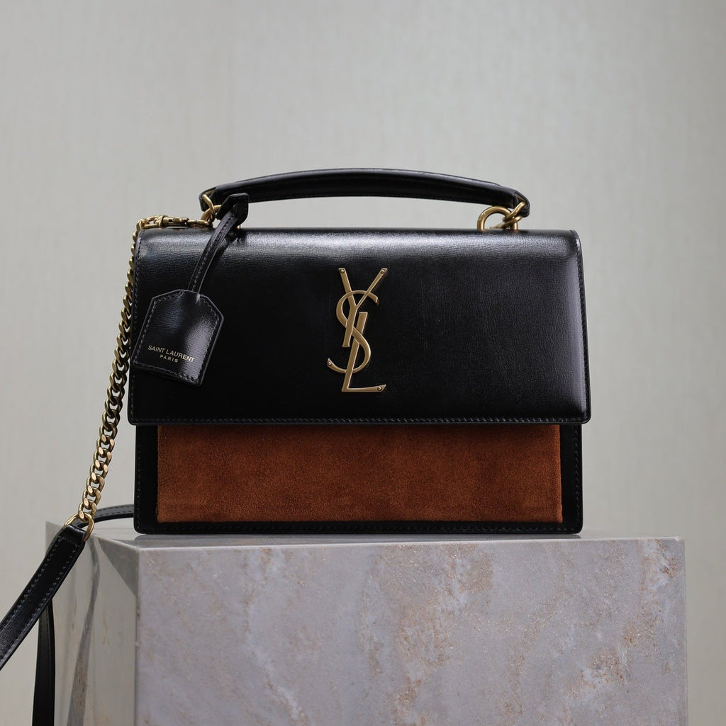 SAINT LAURENT YSL 25S SUNSET MM 25 IN BLACK CALFSKIN AND CARAMEL SUEDE GOLD HARDWRE