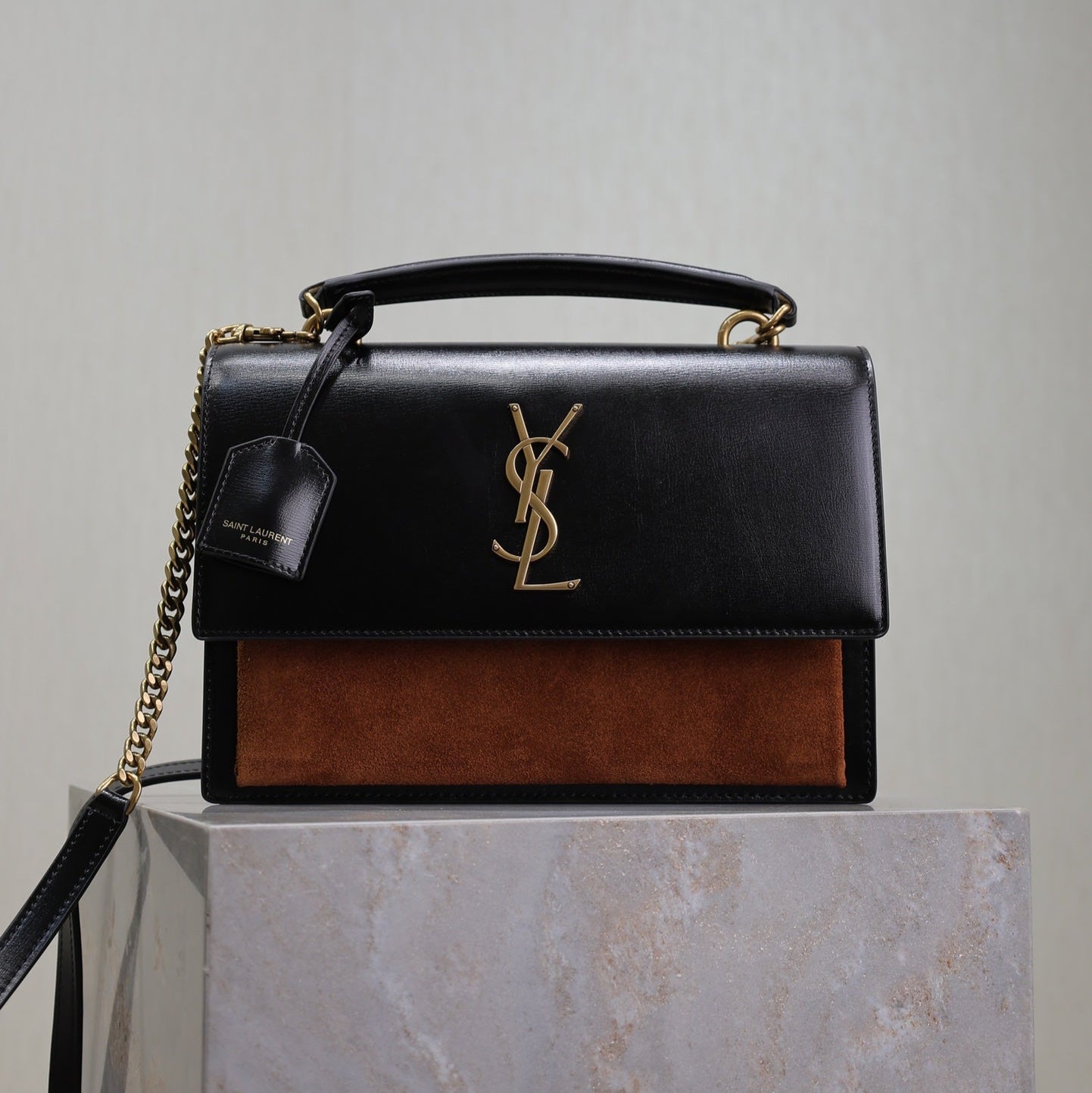 SAINT LAURENT YSL 25S SUNSET MM 25 IN BLACK CALFSKIN AND CARAMEL SUEDE GOLD HARDWARE