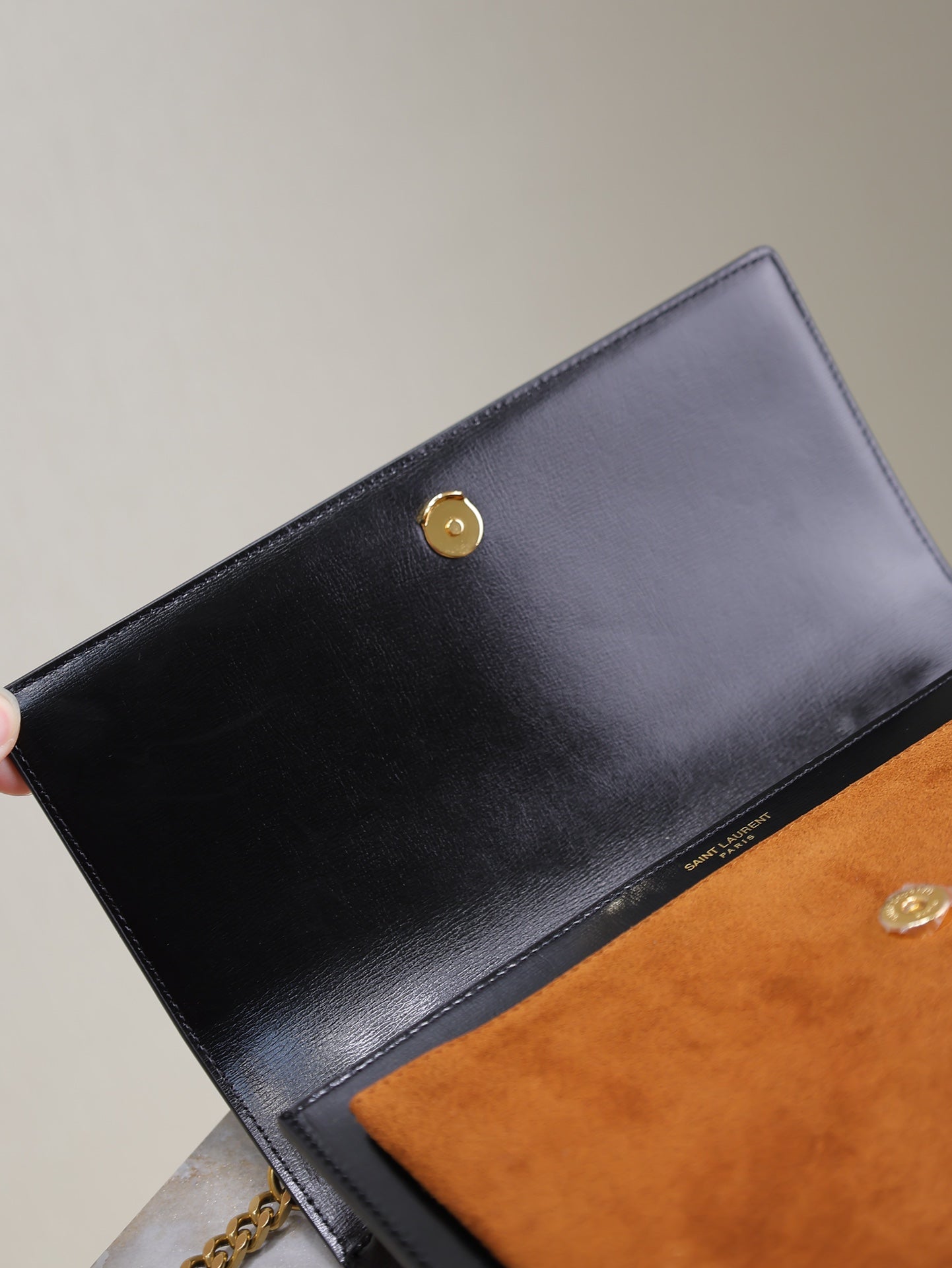 SAINT LAURENT YSL 25S SUNSET MM 25 IN BLACK CALFSKIN AND CARAMEL SUEDE GOLD HARDWARE