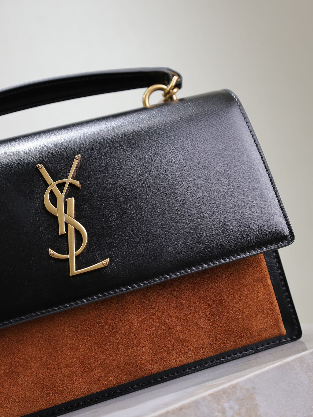 SAINT LAURENT YSL 25S SUNSET MM 25 IN BLACK CALFSKIN AND CARAMEL SUEDE GOLD HARDWRE