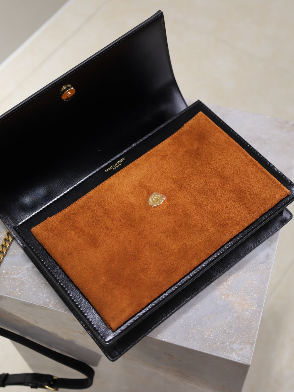 SAINT LAURENT YSL 25S SUNSET MM 25 IN BLACK CALFSKIN AND CARAMEL SUEDE GOLD HARDWRE