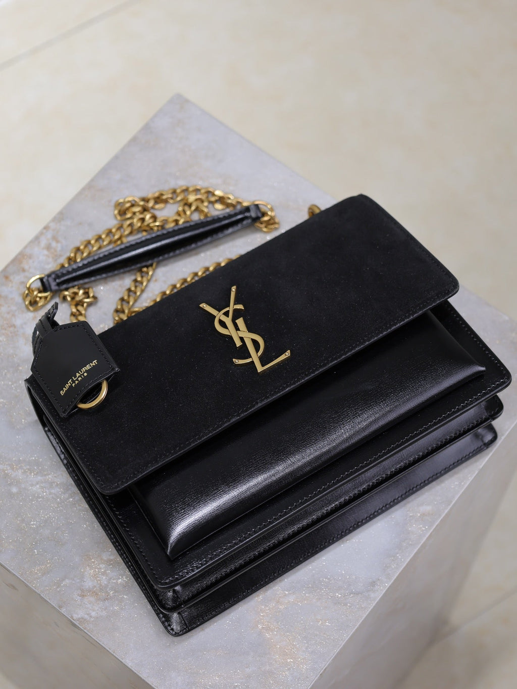 SAINT LAURENT YSL 25S SUNSET BAG 22 IN BLACK CALFSKIN AND SUEDE GOLD HARDWRE