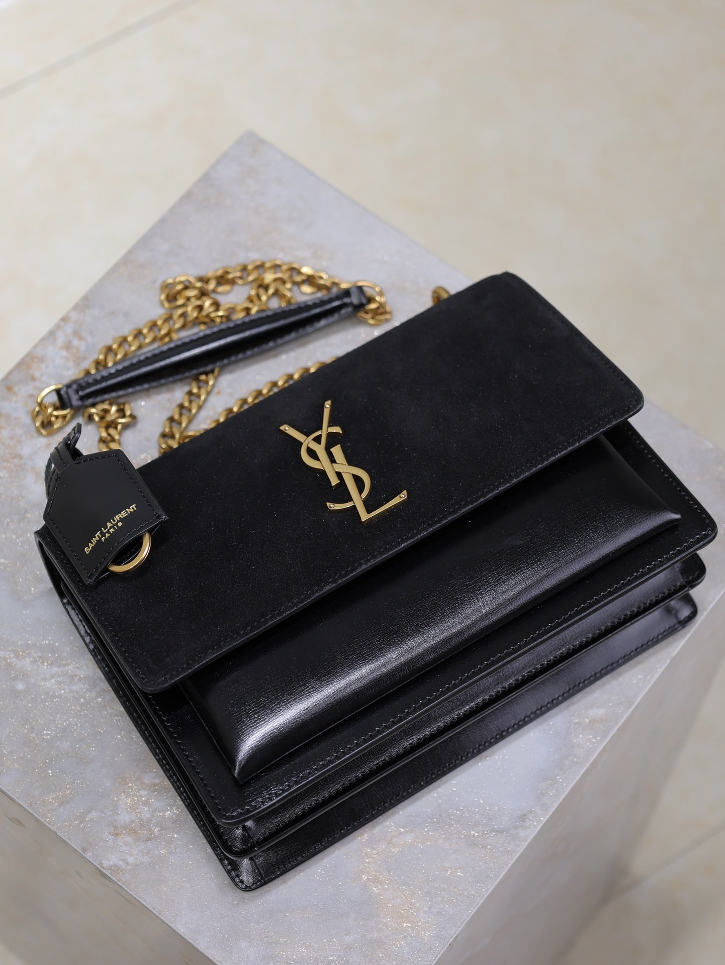 SAINT LAURENT YSL 25S SUNSET BAG 22 IN BLACK CALFSKIN AND SUEDE GOLD HARDWARE