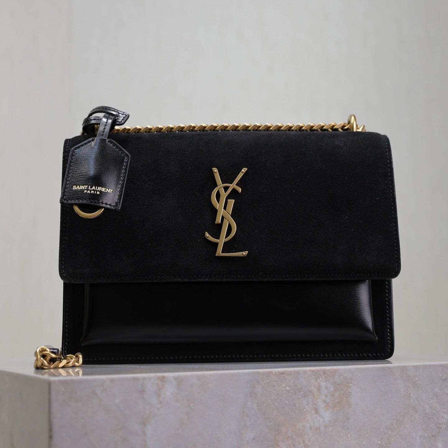 SAINT LAURENT YSL 25S SUNSET BAG 22 IN BLACK CALFSKIN AND SUEDE GOLD HARDWRE