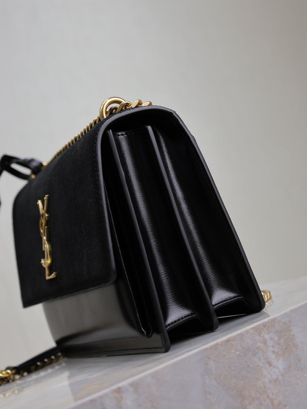 SAINT LAURENT YSL 25S SUNSET BAG 22 IN BLACK CALFSKIN AND SUEDE GOLD HARDWRE