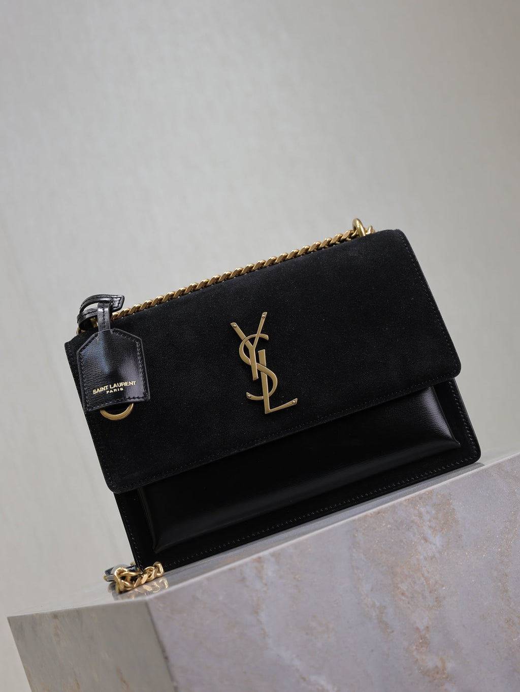 SAINT LAURENT YSL 25S SUNSET BAG 22 IN BLACK CALFSKIN AND SUEDE GOLD HARDWRE
