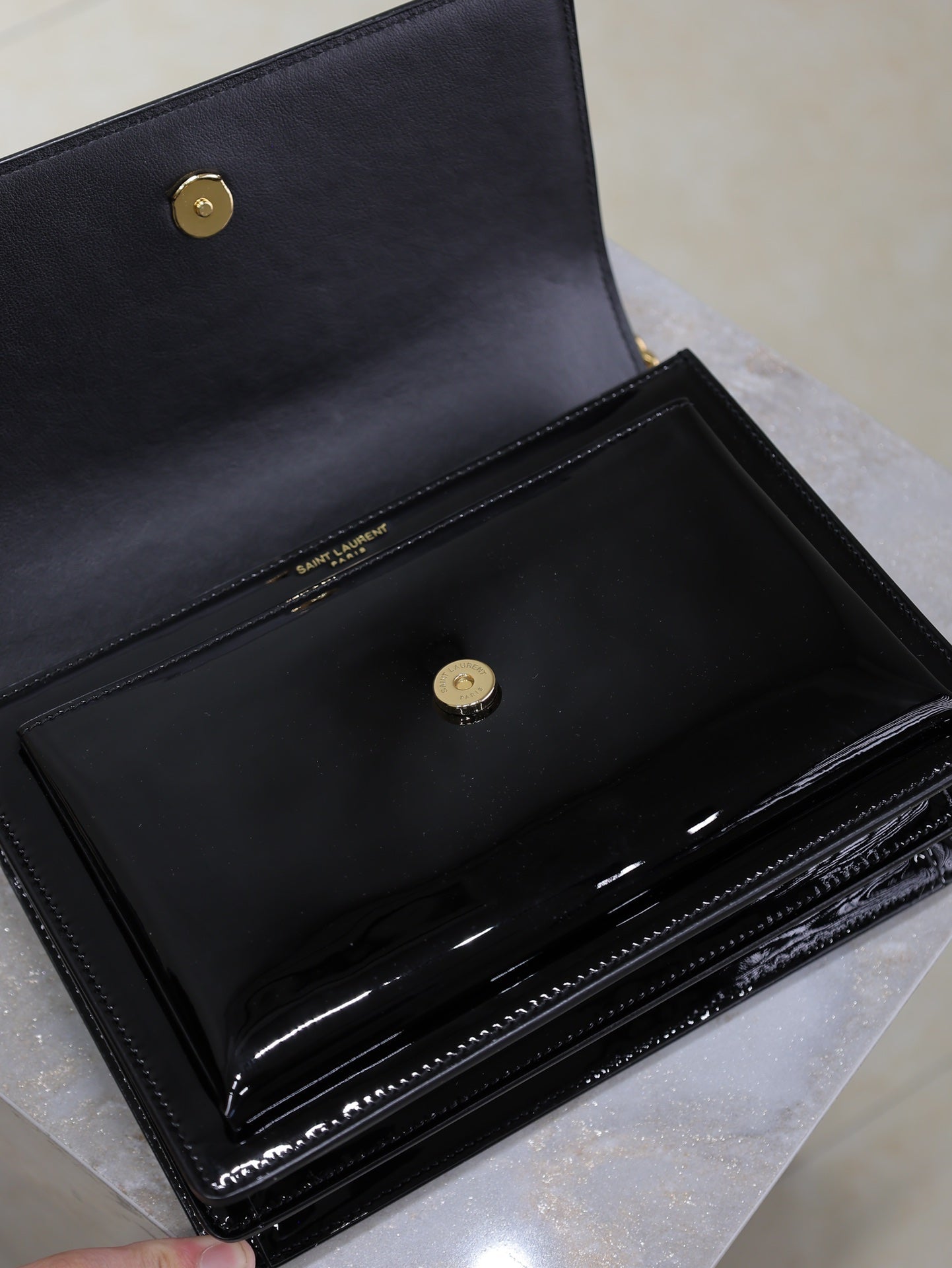 SAINT LAURENT YSL 25S SUNSET MEDIUM 22 IN BLACK SHINY CALFSKIN GOLD HARDWRE