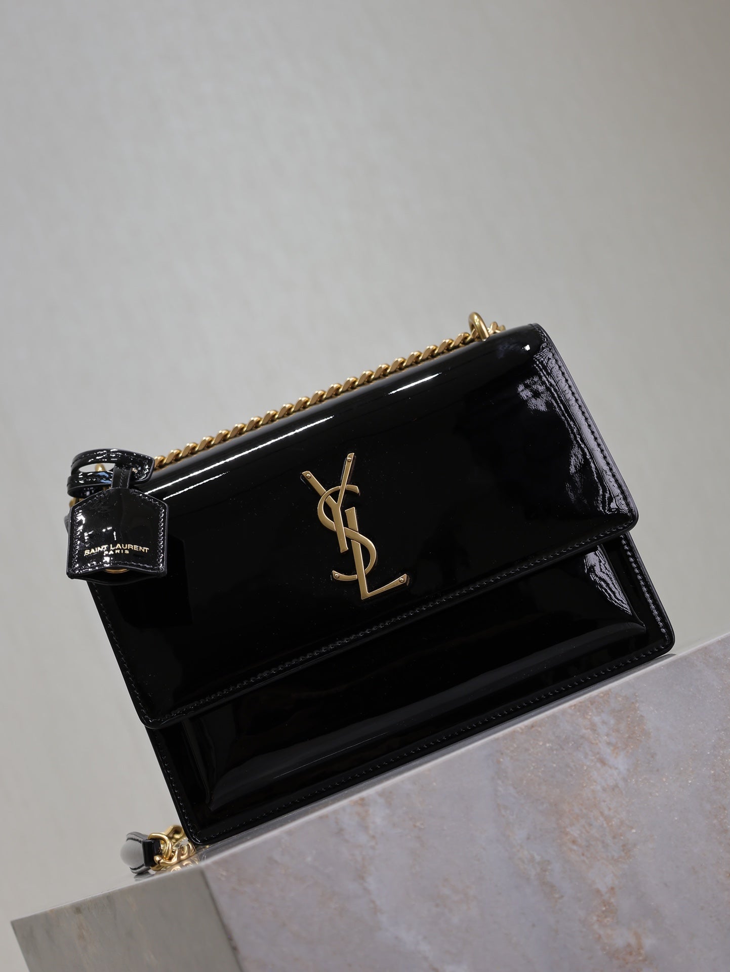 SAINT LAURENT YSL 25S SUNSET MEDIUM 22 IN BLACK SHINY CALFSKIN GOLD HARDWRE