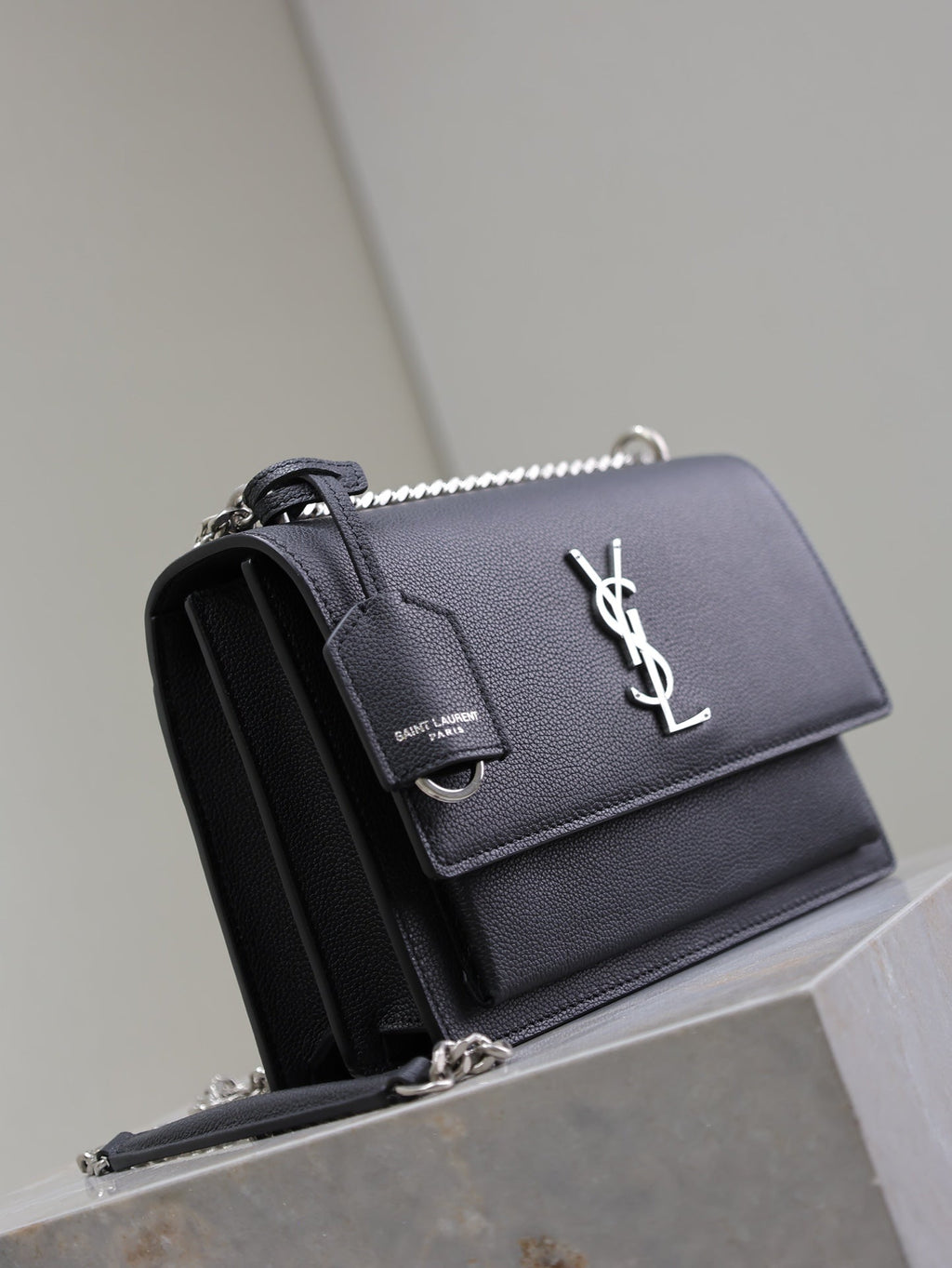 SAINT LAURENT YSL 25S SUNSET MEDIUM 22 IN BLACK GRAINED CALFSKIN SILVER HARDWRE
