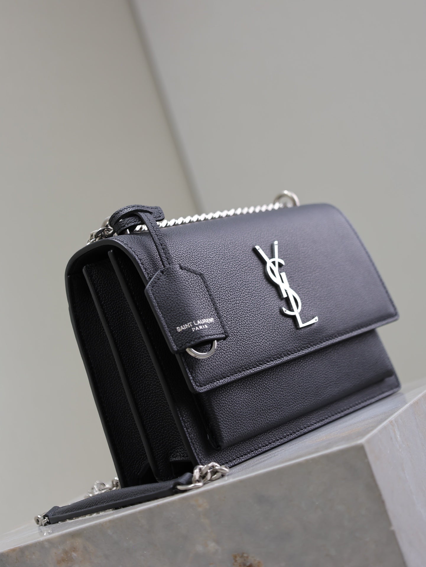 SAINT LAURENT YSL 25S SUNSET MEDIUM 22 IN BLACK GRAINED CALFSKIN SILVER HARDWRE