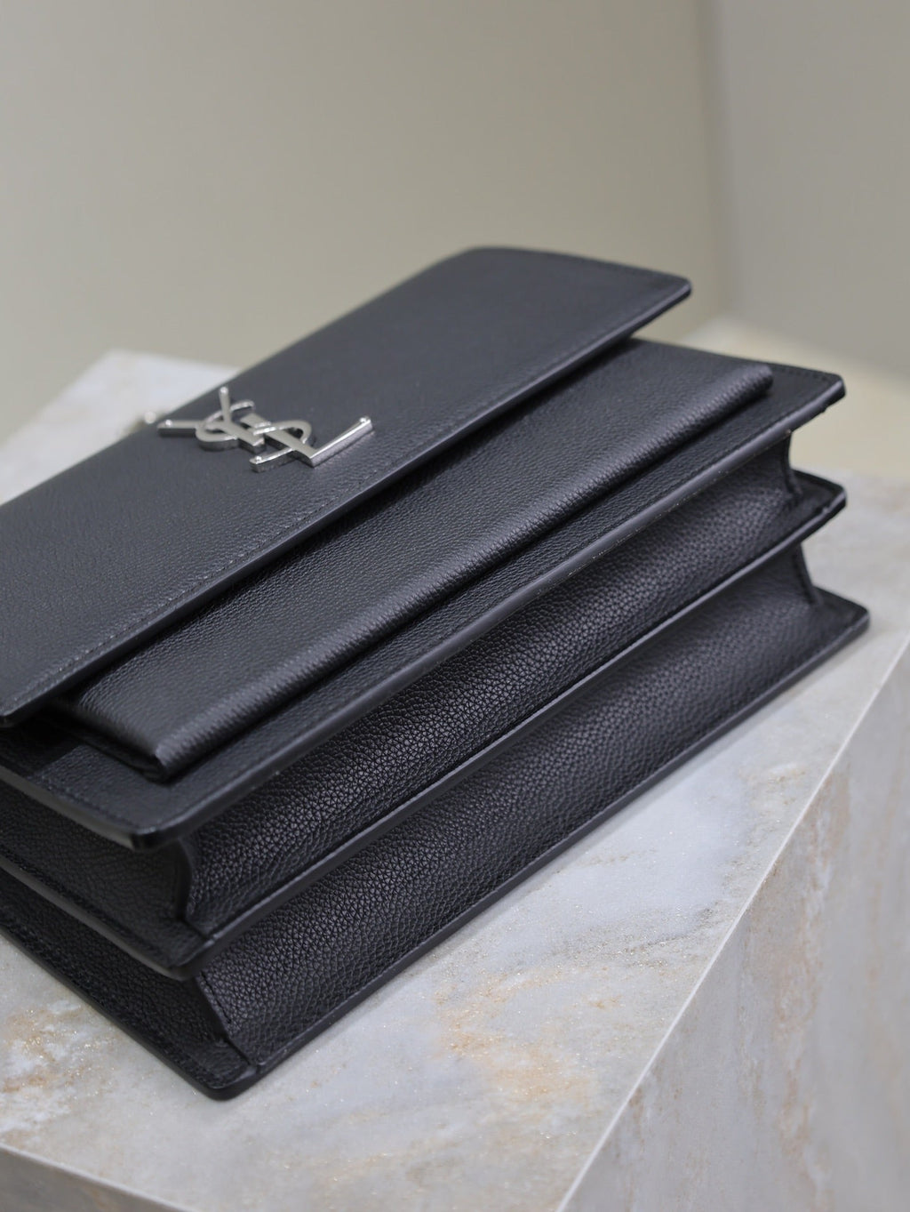 SAINT LAURENT YSL 25S SUNSET MEDIUM 22 IN BLACK GRAINED CALFSKIN SILVER HARDWRE