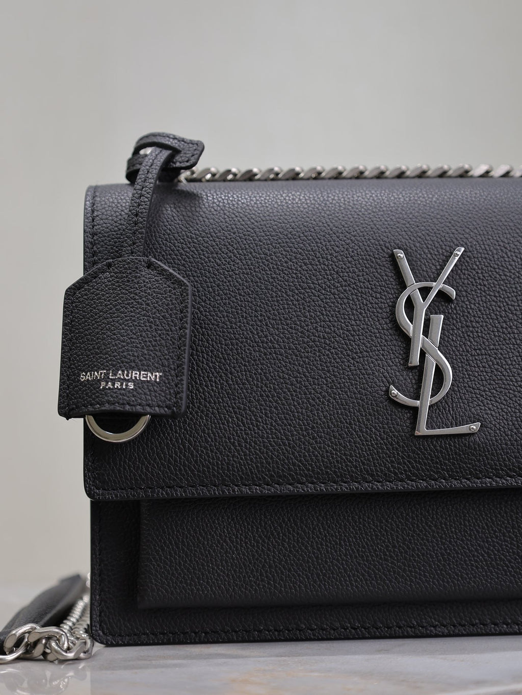 SAINT LAURENT YSL 25S SUNSET MEDIUM 22 IN BLACK GRAINED CALFSKIN SILVER HARDWRE