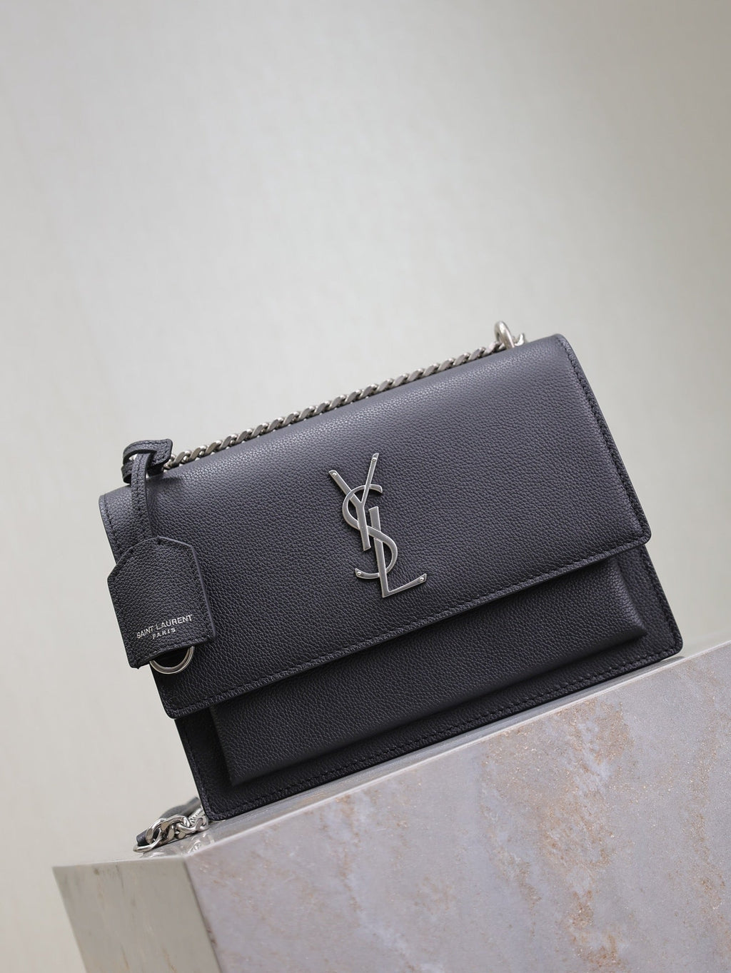 SAINT LAURENT YSL 25S SUNSET MEDIUM 22 IN BLACK GRAINED CALFSKIN SILVER HARDWRE