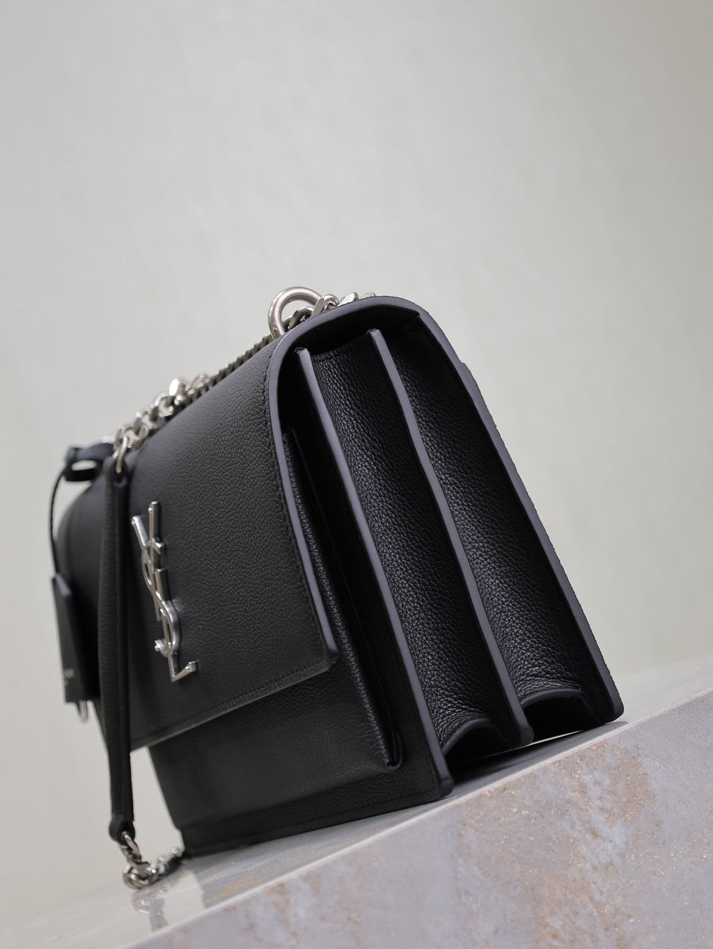 SAINT LAURENT YSL 25S SUNSET MEDIUM 22 IN BLACK GRAINED CALFSKIN SILVER HARDWRE
