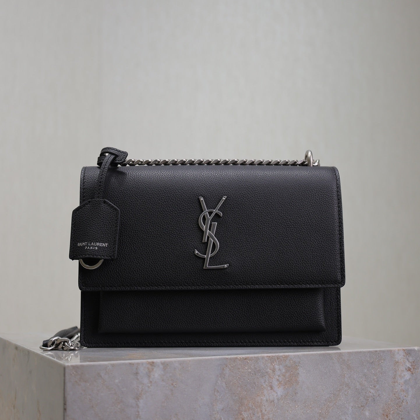 SAINT LAURENT YSL 25S SUNSET MEDIUM 22 IN BLACK GRAINED CALFSKIN SILVER HARDWRE