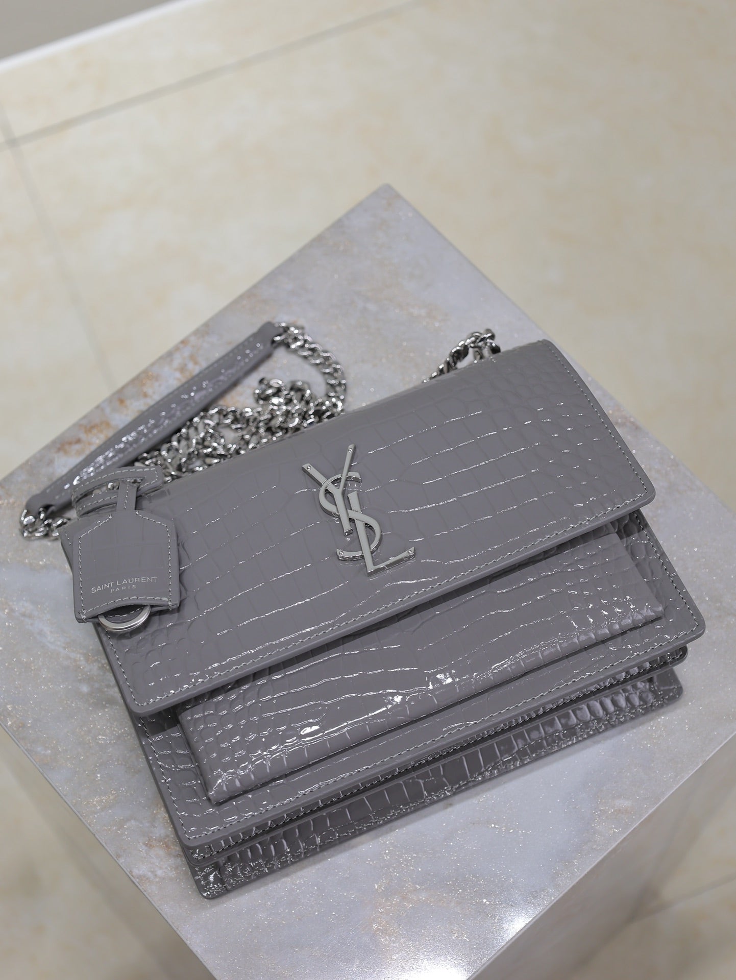 SAINT LAURENT YSL 25S SUNSET MEDIUM 22 IN DARK GRAY CROCODILE-EMBOSSED SHINY CALFSKIN SILVER HARDWRE