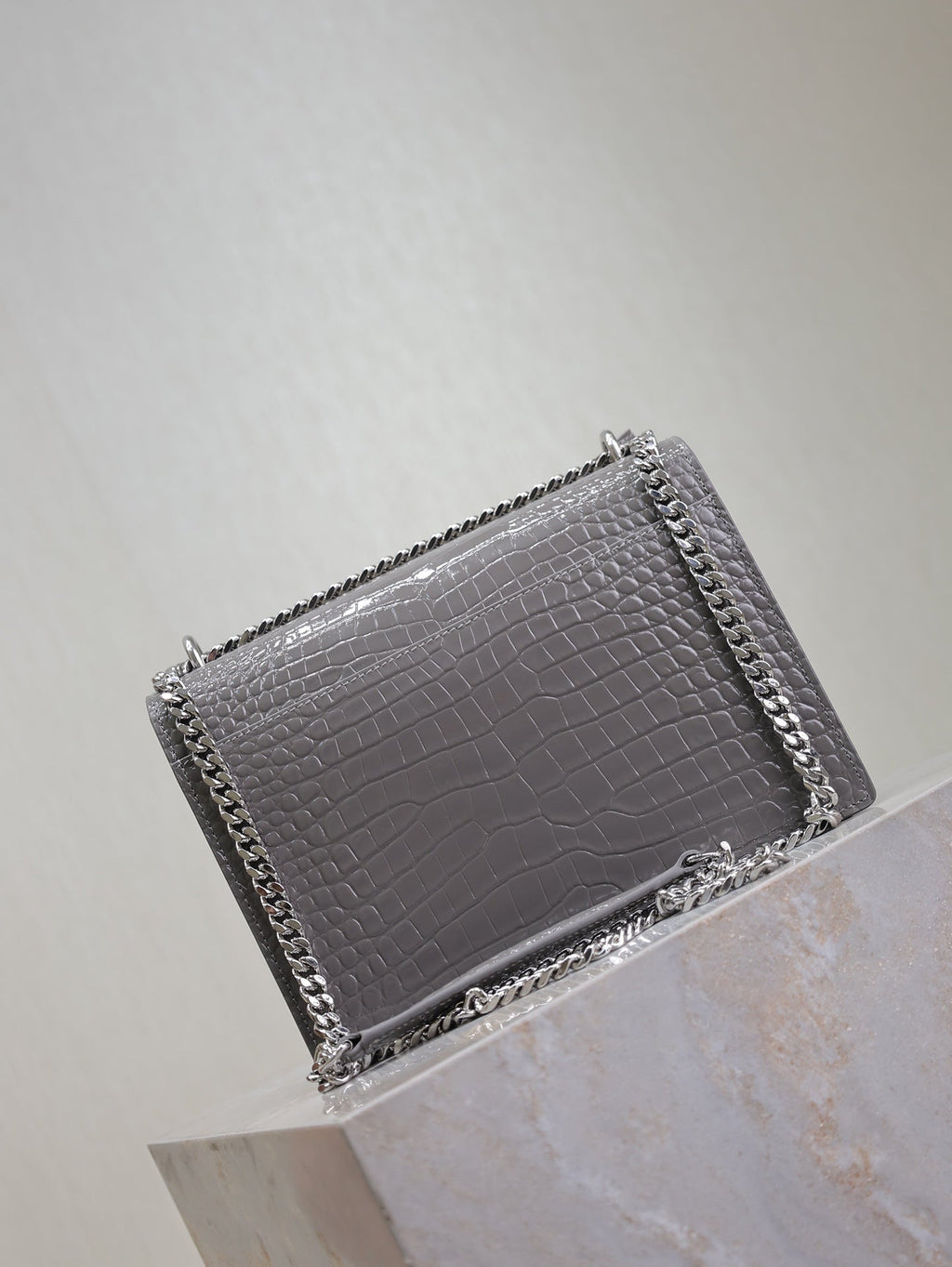 SAINT LAURENT YSL 25S SUNSET MEDIUM 22 IN DARK GRAY CROCODILE-EMBOSSED SHINY CALFSKIN SILVER HARDWRE
