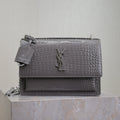 SAINT LAURENT YSL 25S SUNSET MEDIUM 22 IN DARK GRAY CROCODILE-EMBOSSED SHINY CALFSKIN SILVER HARDWRE