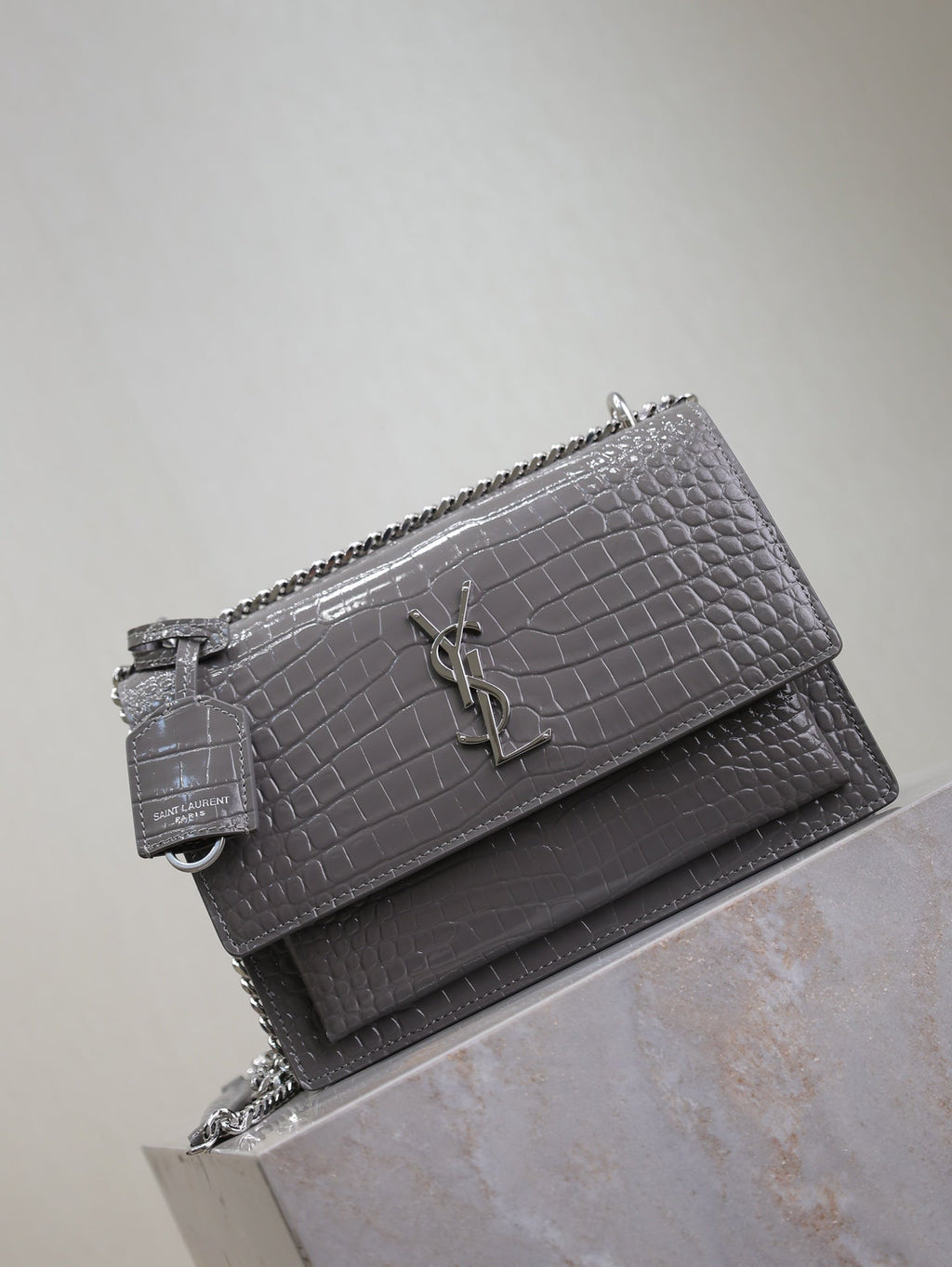 SAINT LAURENT YSL 25S SUNSET MEDIUM 22 IN DARK GRAY CROCODILE-EMBOSSED SHINY CALFSKIN SILVER HARDWRE