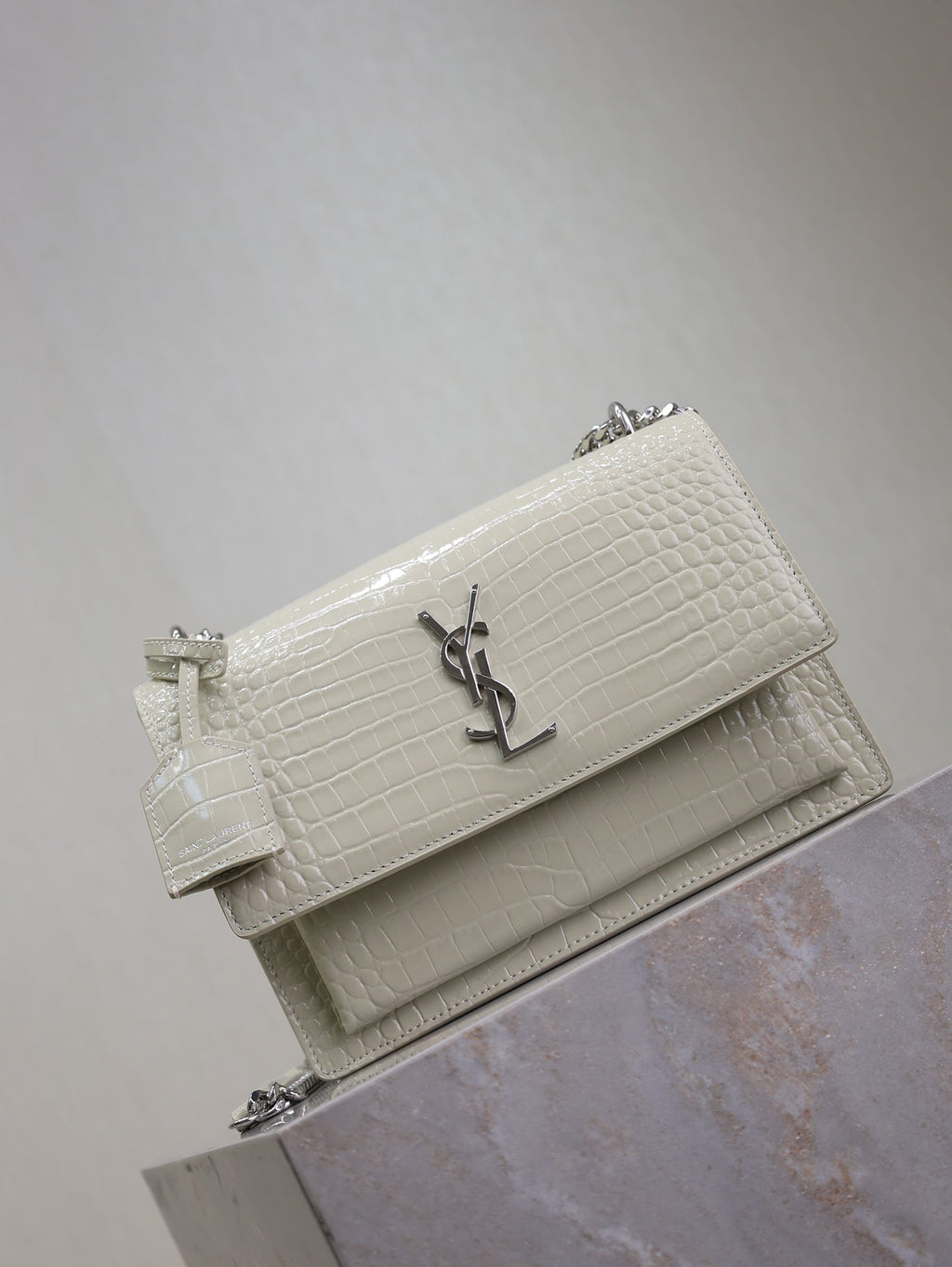 SAINT LAURENT YSL 25S SUNSET MEDIUM 22 IN IVORY CROCODILE-EMBOSSED SHINY CALFSKIN SILVER HARDWRE