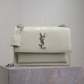SAINT LAURENT YSL 25S SUNSET MEDIUM 22 IN IVORY CROCODILE-EMBOSSED SHINY CALFSKIN SILVER HARDWRE