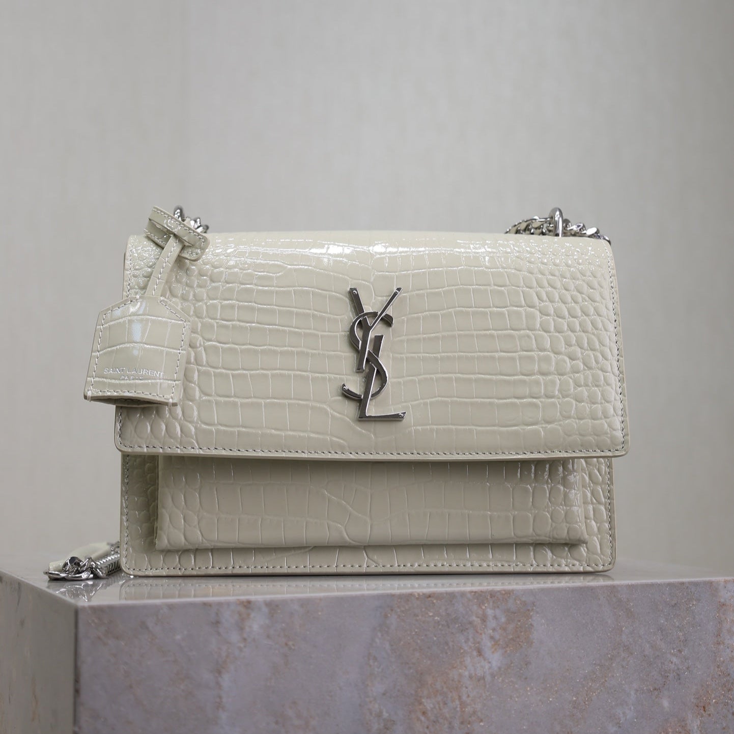 SAINT LAURENT YSL 25S SUNSET MEDIUM 22 IN IVORY CROCODILE-EMBOSSED SHINY CALFSKIN SILVER HARDWARE