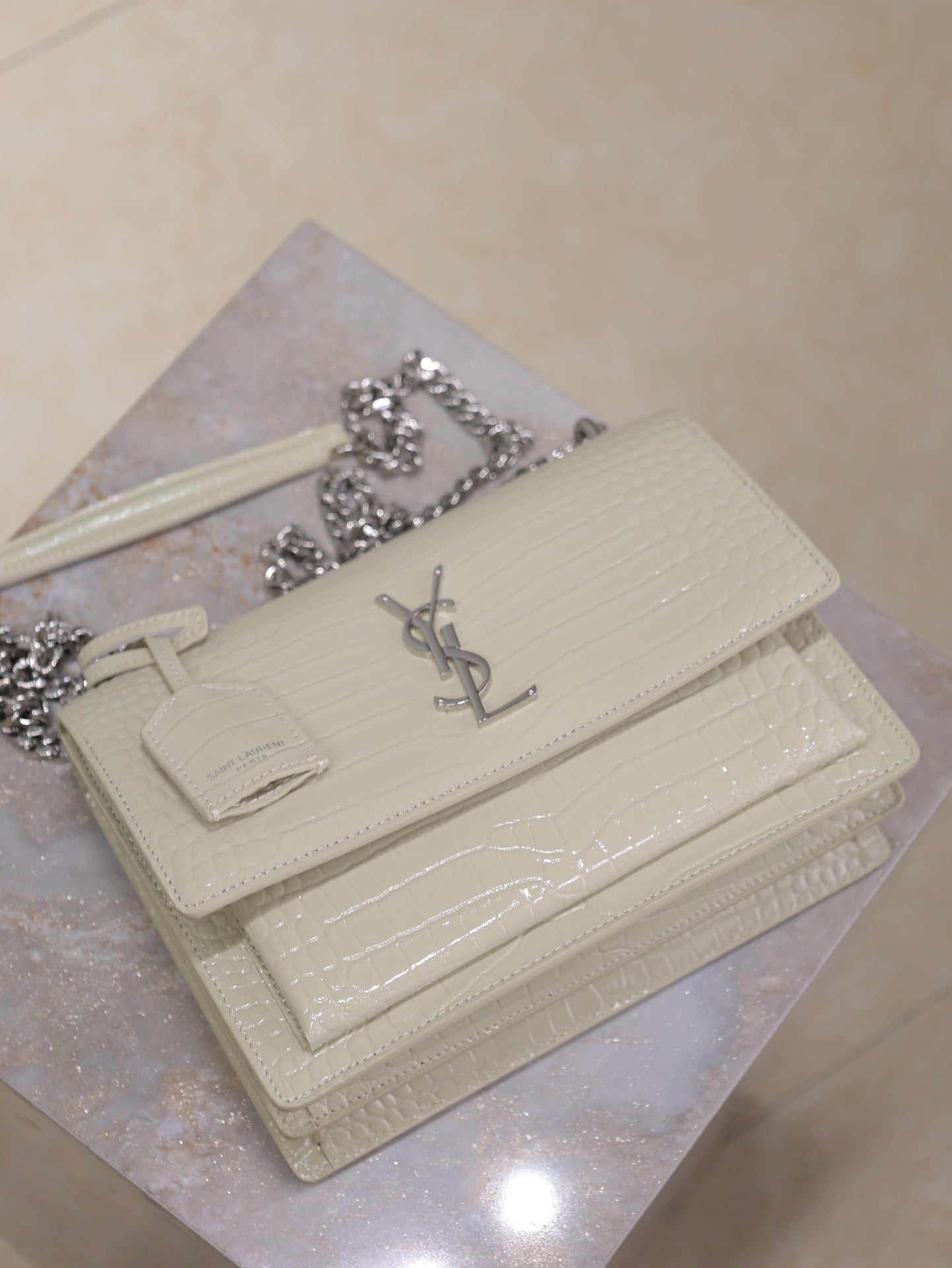 SAINT LAURENT YSL 25S SUNSET MEDIUM 22 IN IVORY CROCODILE-EMBOSSED SHINY CALFSKIN SILVER HARDWARE