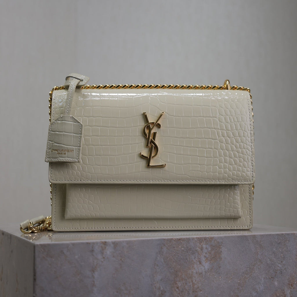 SAINT LAURENT YSL 25S SUNSET MEDIUM 22 IN IVORY CROCODILE-EMBOSSED SHINY CALFSKIN GOLD HARDWRE