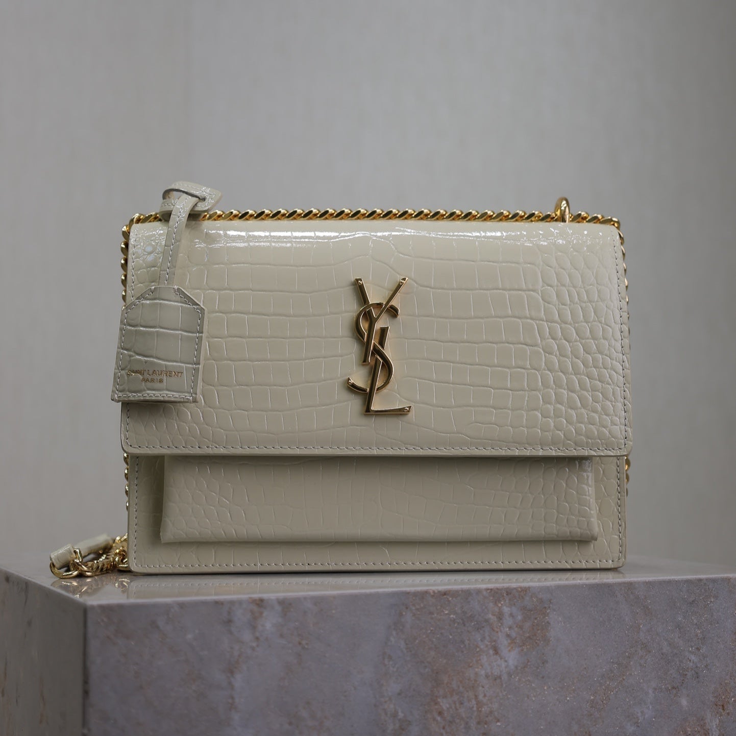 SAINT LAURENT YSL 25S SUNSET MEDIUM 22 IN IVORY CROCODILE-EMBOSSED SHINY CALFSKIN GOLD HARDWRE