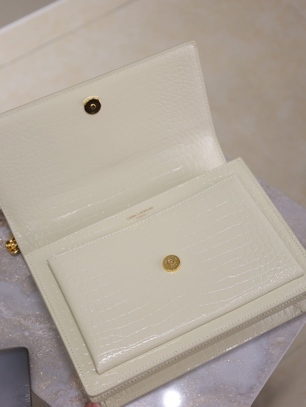 SAINT LAURENT YSL 25S SUNSET MEDIUM 22 IN IVORY CROCODILE-EMBOSSED SHINY CALFSKIN GOLD HARDWARE