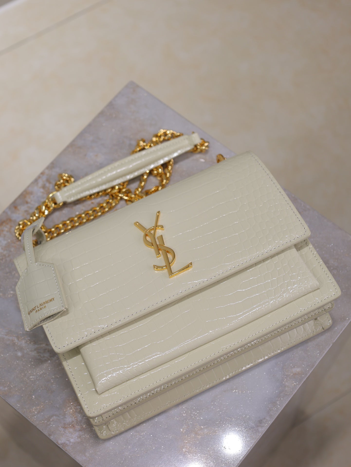 SAINT LAURENT YSL 25S SUNSET MEDIUM 22 IN IVORY CROCODILE-EMBOSSED SHINY CALFSKIN GOLD HARDWRE